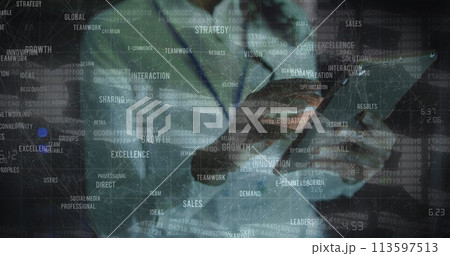 Image of data processing over african american woman using tablet server room Image of data processing over african american woman using tablet server room 113597513