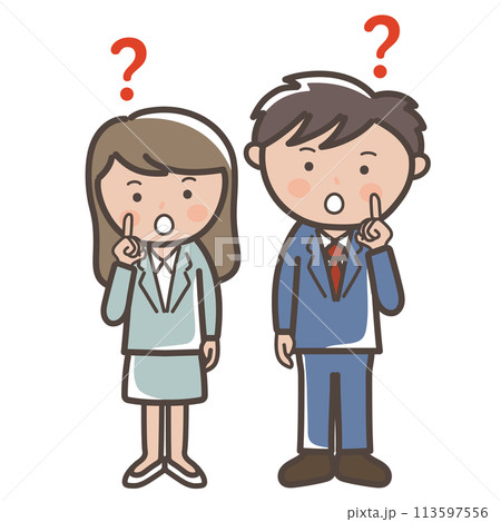 はてなと疑問に思う男女ビジネスマンの全身イラスト 113597556
