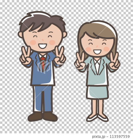 Full-body illustration of male and female businessmen making double peace signs with smiles 113597559