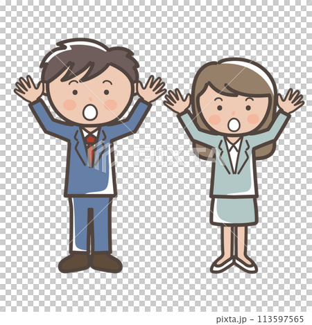 両手を上げてびっくりする男女ビジネスマンの全身イラスト 113597565