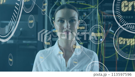 Image of crypto text and data processing over caucasian female it engineer by computer servers Image of crypto text and data processing over caucasian female it engineer by computer servers 113597596