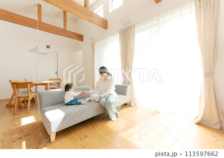 マイホームでくつろぐ親子 113597662