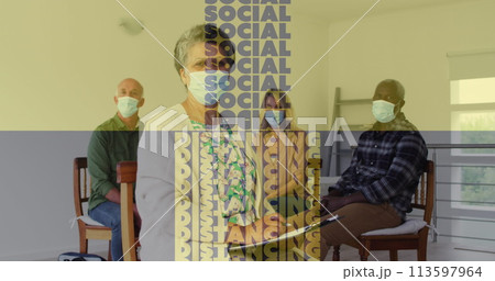 Image of social distancing text over senior people wearing face masks Image of social distancing text over senior people wearing face masks 113597964