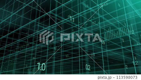 Image of numbers and ai data processing over grid and dark background Image of numbers and ai data processing over grid and dark background 113598073