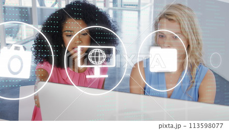 Image of connections with icons over diverse business people in office 113598077