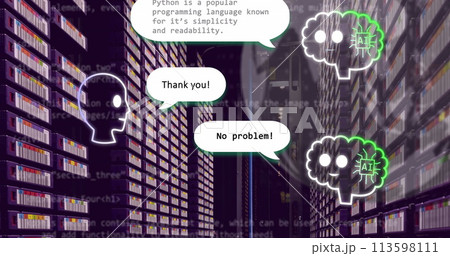 Image of ai chat and globe over computer server room Image of ai chat and globe over computer server room 113598111