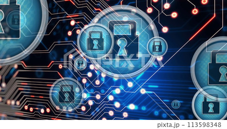 Image of data processing and padlocks over black background 113598348