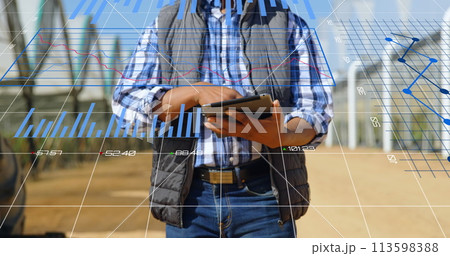 Image of data processing and statistics over biracial engineer using tablet 113598388
