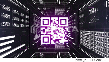 Image of data processing and qr code over black background Image of data processing and qr code over black background 113598399