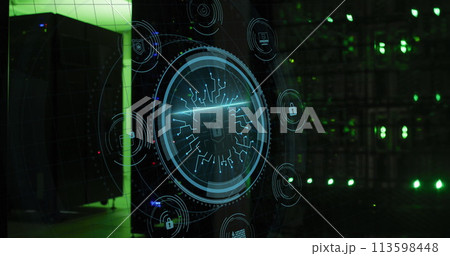 Image of data processing and padlock over server room Image of data processing and padlock over server room 113598448