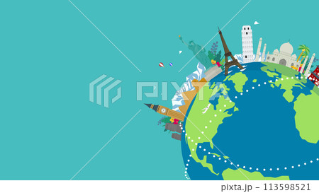 世界遺産と地球で飾られた旅行の広告背景テンプレート（青） 113598521