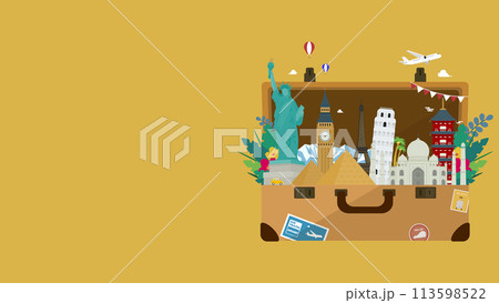 トランクケースの中を各国の世界遺産で飾られた旅行応援キャンペーンの背景テンプレート（黄） 113598522
