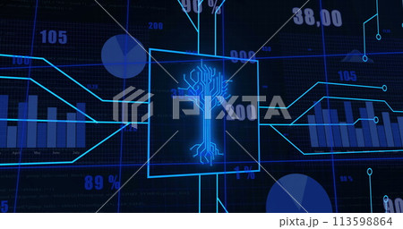 Image of integrated circuit over data and graphs on digital screen Image of integrated circuit over data and graphs on digital screen 113598864