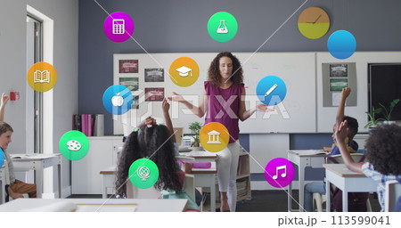 Image of school icons over diverse female teacher and pupils raising hands in class 113599041