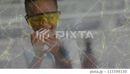 Image of networks over happy african american schoolboy studying petri dish in science class 113599130