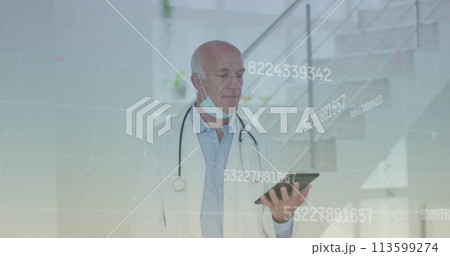 Image of data processing over caucasian male doctor with tablet 113599274