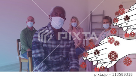 Image of hands over diverse group of seniors with face masks Image of hands over diverse group of seniors with face masks 113599319