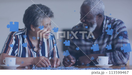 Image of puzzle over senior african american couple talking 113599467