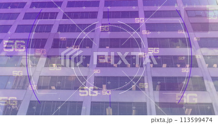 Image of 5g text, scope scanning and data processing over modern building 113599474