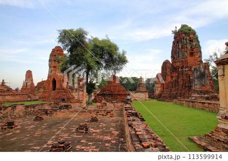 タイの世界文化遺産の古都アユタヤ　根の間に埋まった仏像の仏頭が有名な廃墟となったワットマハタート寺院 113599914