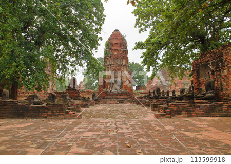 タイの世界文化遺産の古都アユタヤ　根の間に埋まった仏像の仏頭が有名な廃墟となったワットマハタート寺院 113599918