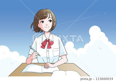 勉強する夏服姿の女子学生のイラスト 青空の背景 アニメ風 勉強する夏服姿の女子学生のイラスト 青空の背景 アニメ風 113600034