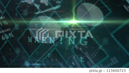 Image of cyber attack warning text with data processing on green background 113600723