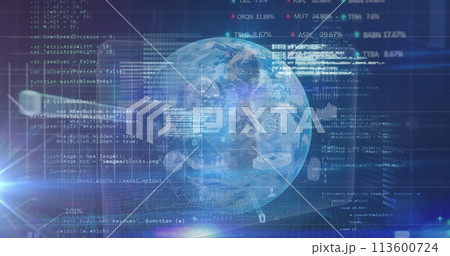 Image of data processing over globe spinning on blue background 113600724