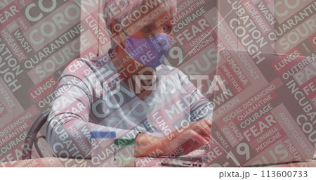 Image of covid 19 text over senior woman at home wearing face mask and using laptop Image of covid 19 text over senior woman at home wearing face mask and using laptop 113600733