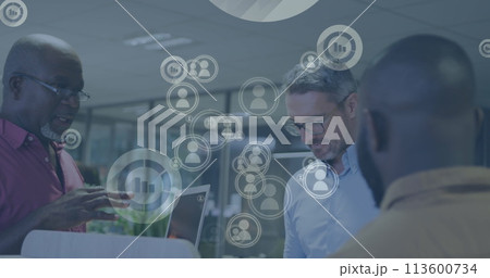 Image of financial data processing over diverse business people in office Image of financial data processing over diverse business people in office 113600734