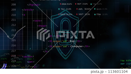 Image of digital shield with padlock over data...のイラスト素材 [113601104 ...