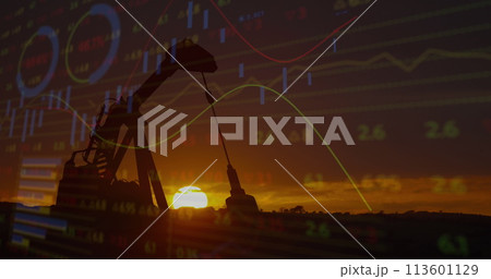 Image of financial data processing with graph over pumpjack on black background 113601129