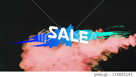 Image of sale text over orange liquid on black background 113601241