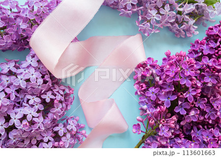 product advertising backdrop. Lilac blooming flowers and pink ribbon on blue background with copy space for text or beauty product. Top view, flat lay, flower frame or border, spring summer 113601663