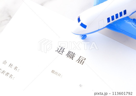 オフィスのデスクの上に置かれた退職届と飛行機で、これか意気揚々と会社を辞めて、自由に羽ばたくイメージ 113601792