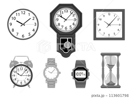 いろんな種類の時計のモノクロイラストセット 113601798