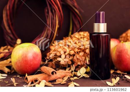 cosmetic oil spray bottle, apples, cinnamon, dried flower. Skincare beauty and liquid antibacterial spray. sunscreen, sunblock or sun cream. cosmetics skin hair care product blank packaging, mockup 113601962