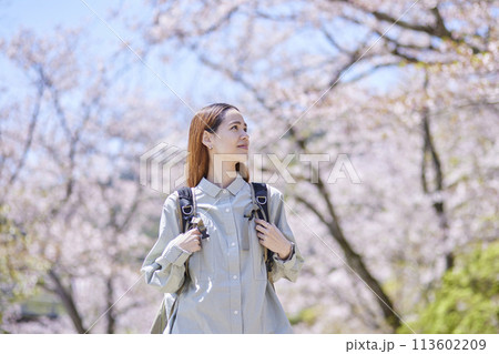 春の桜とインバウンドバックパッカーの女性 113602209
