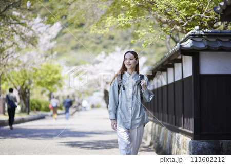 春の観光地を歩くインバウンド旅行者の女性 113602212