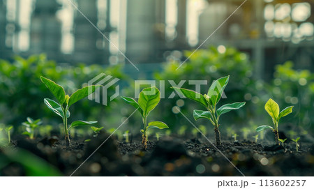 seedling in soil with blur industry factory background. environmental conservation and sustainable 113602257