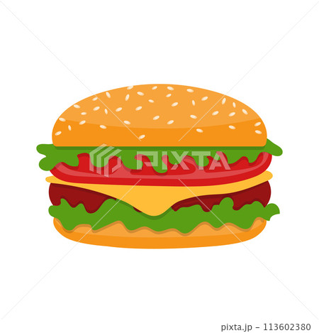 Fast food beef cheese hamburger cartoon vector isolated illustration 113602380