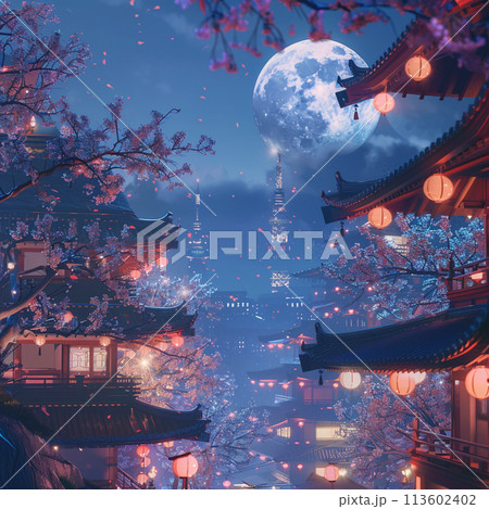 夜桜と満月 和風の建物のイラスト素材 [113602402] - PIXTA