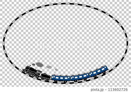 パターンブラシで描いた楕円の線路のフレームとおもちゃ風のSL C62と客車のイラスト パターンブラシで描いた楕円の線路のフレームとおもちゃ風のSL C62と客車のイラスト 113602726