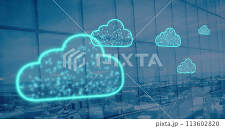 Image of digital clouds flying over cityscape 113602820