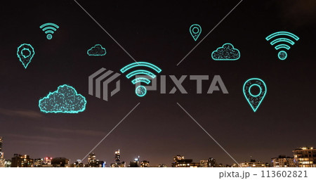 Image of digital clouds and icons flying over cityscape Image of digital clouds and icons flying over cityscape 113602821