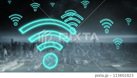 Image of digital wifi icons flying over cityscape Image of digital wifi icons flying over cityscape 113602823