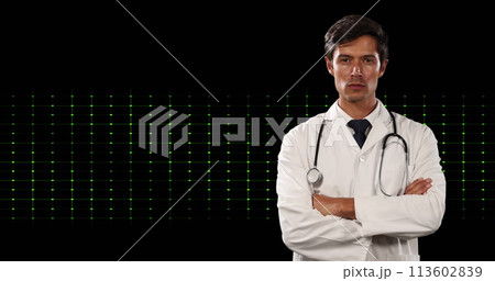 Image of life line over caucasian doctor on black background 113602839