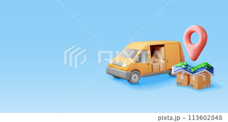3D delivery van and cardboard boxes and map. 3D delivery van and cardboard boxes and map. 113602848