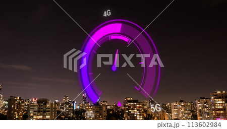 Image of purple speedometer over cityscape 113602984