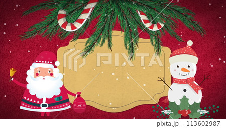 Image of christmas sign with copy space, decorations and snow falling on red background Image of christmas sign with copy space, decorations and snow falling on red background 113602987